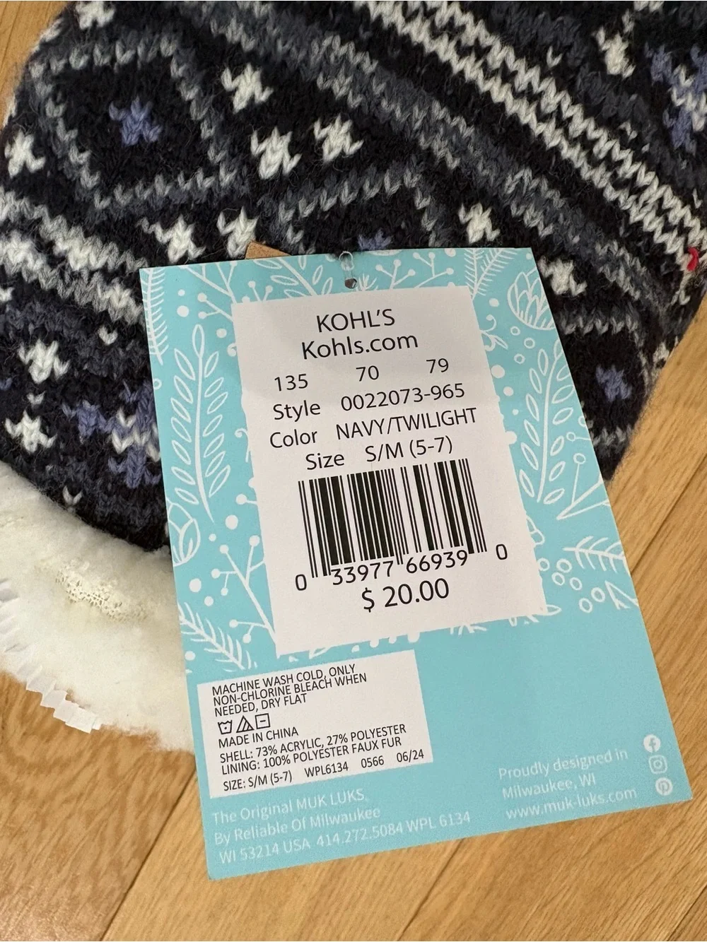 NWT MUK LUKS Winter Fair Isle Cabin Slipper Socks Faux Fur Lined Non Slip Navy